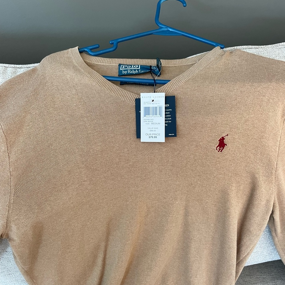 Polo by Ralph Lauren Tan V-Neck Sweater with Embroidered Logo